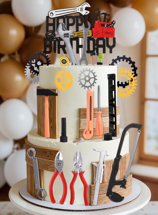 Glavatrix 24 Pcs Tools Cake Topper Construction Cake Topper Toolbox Wrench Hammer Screwdrivers Drill Plier Handsaw Tape Measure Gear Labor Day Worker Themed Birthday Party Supplies for Boys Men - Image 5